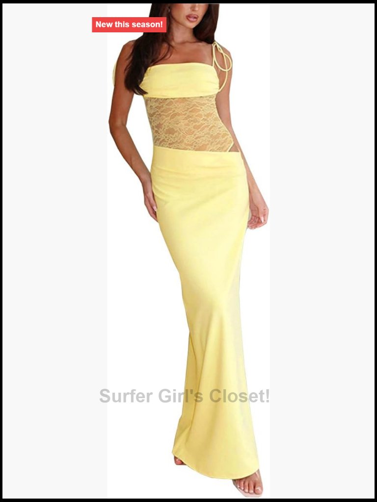 Lace Patchwork Maxi Dress Spaghetti Straps Sheer Bodycon Club Long